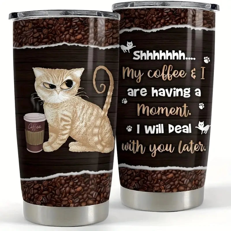 Two stainless steel tumblers with a coffee and cat design.