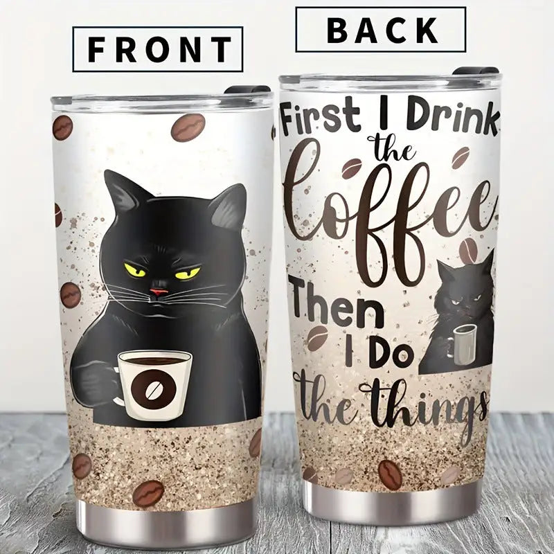 Two coffee tumblers with cat and coffee bean designs.