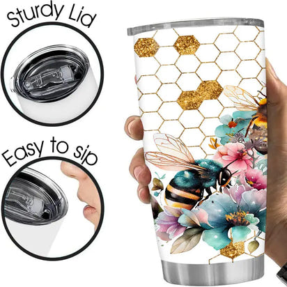 Bee-themed insulated tumbler.