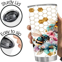 Bee-themed insulated tumbler.