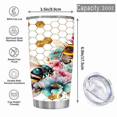 Bee-themed insulated tumbler with lid.