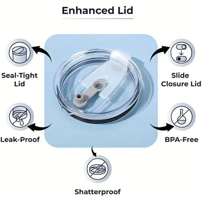 Tumbler lid with slide closure and seal-tight, leak-proof, shatterproof, and BPA-free features.