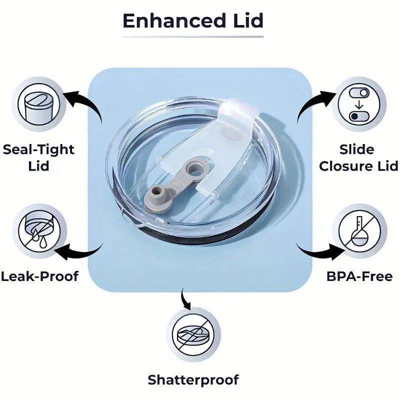 Tumbler lid with slide closure and seal-tight, leak-proof, shatterproof, and BPA-free features.