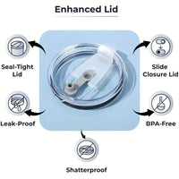Tumbler lid with slide closure and seal-tight, leak-proof, shatterproof, and BPA-free features.