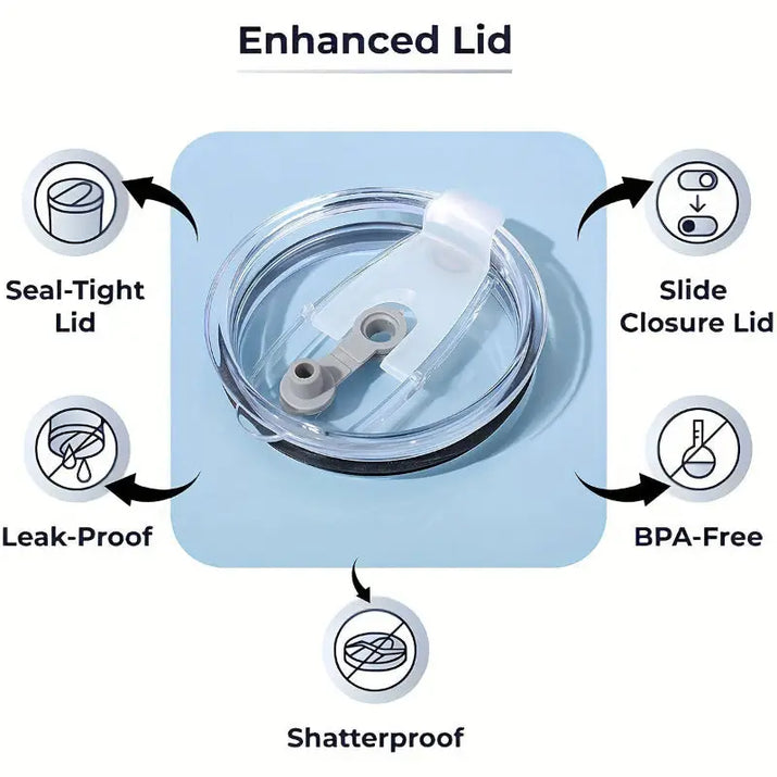 Tumbler lid with slide closure and seal-tight, leak-proof, shatterproof, and BPA-free features.