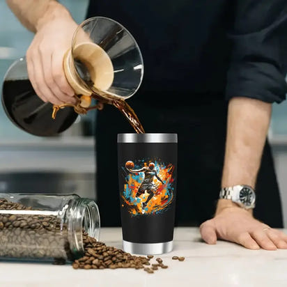 Black tumbler with basketball player design.