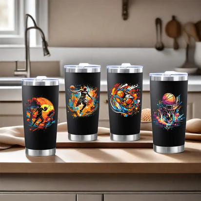 Four black basketball-themed tumblers.