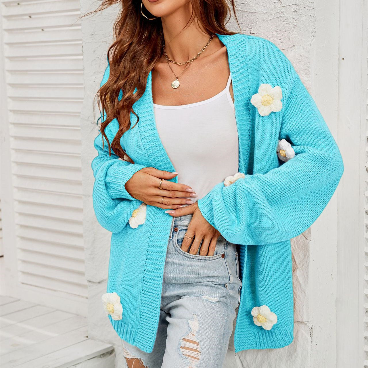 Casual Flower Cardigan Lantern Sleeve Sweater Coat