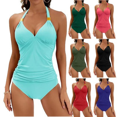 Pure Color Halter Two Piece Swimsuit Tankini