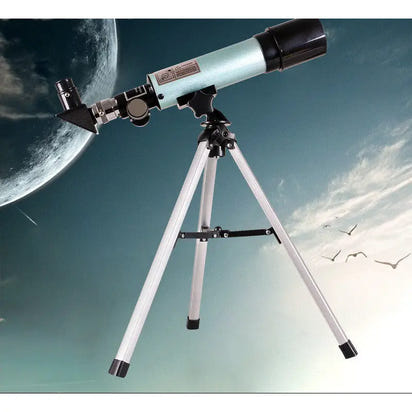 Telescope on a tripod with a celestial background