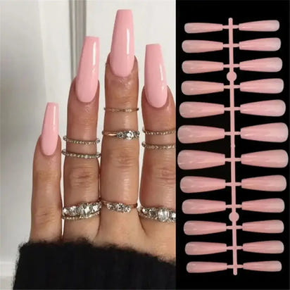Pink coffin-shaped press-on nails.