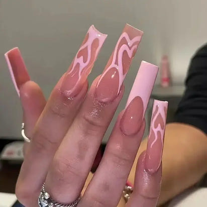 Long, pink-themed nail art.