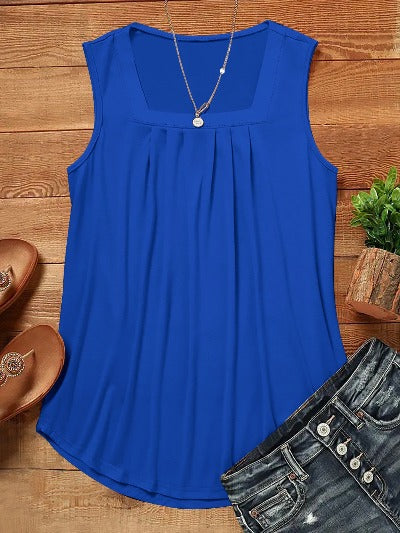 royal blue Casual Pleated Square Collar Tank Top