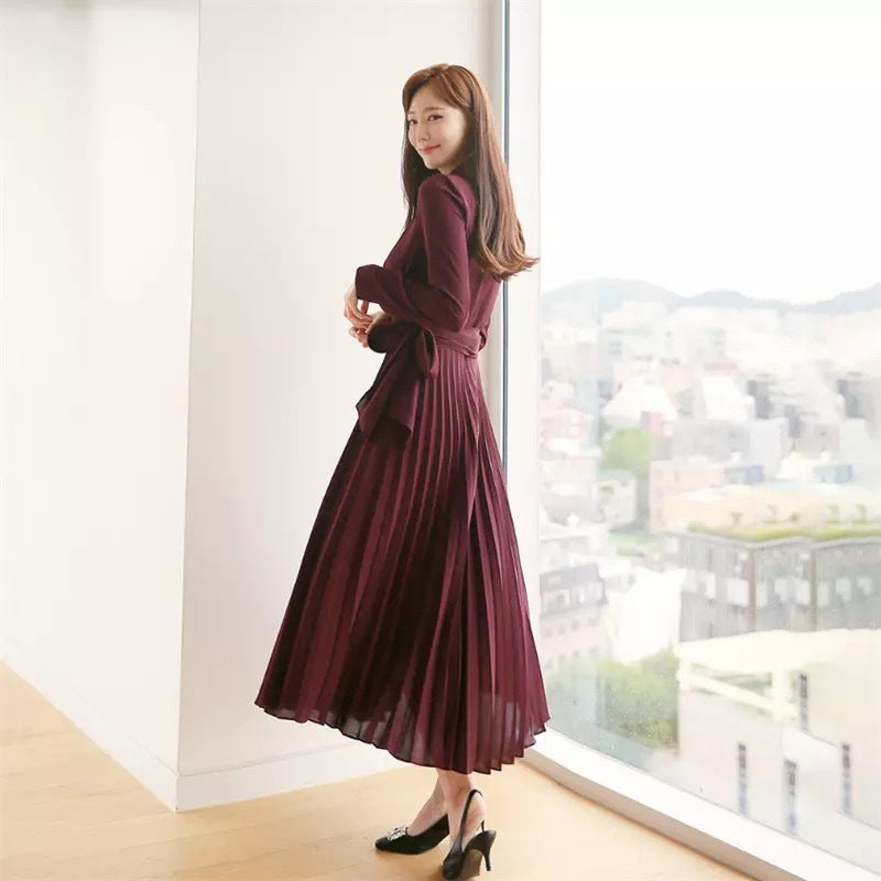 wine red Long Sleeve pleated Dress