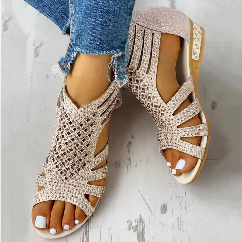 Flat Cutout Roman Rhinestone Sandals