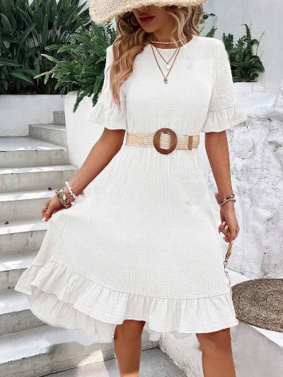 white New Tied Lotus Leaf Short Sleeve  Dress