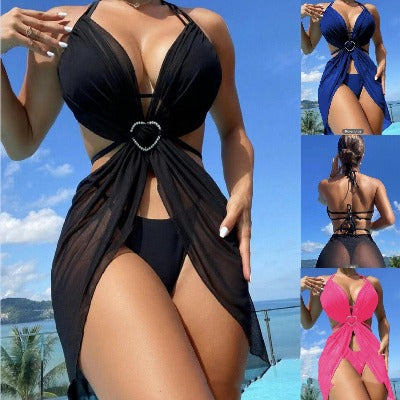 black Solid Color Three-piece Bikini Set