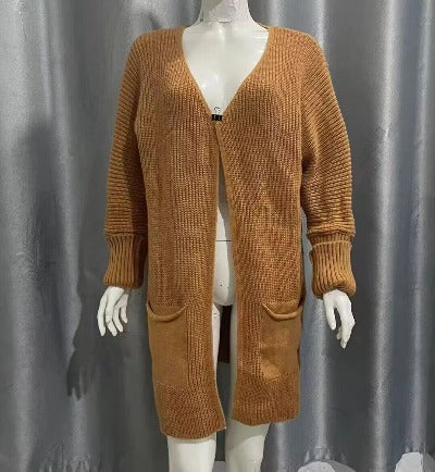 New Solid Color Loose Knitted Mid-length Open Cardigan