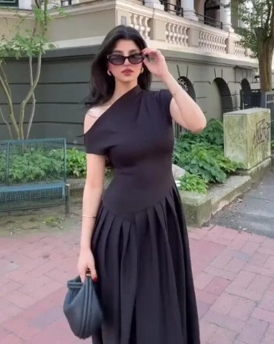 black Sleek Off Shoulder Midi Dress