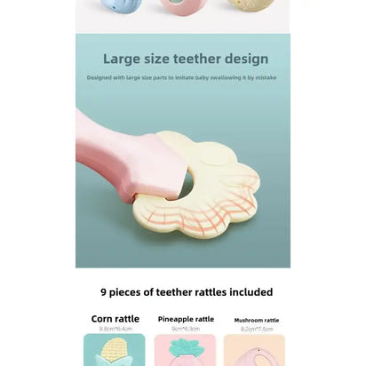 Teether design with text on a light blue background