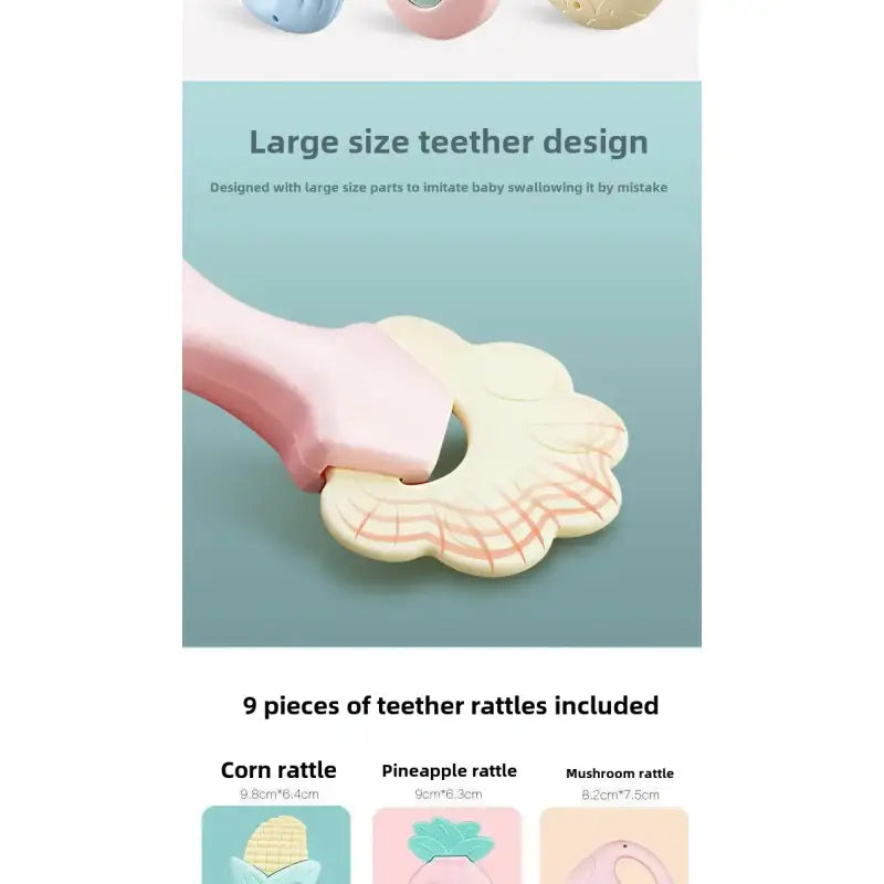 Teether design with text on a light blue background