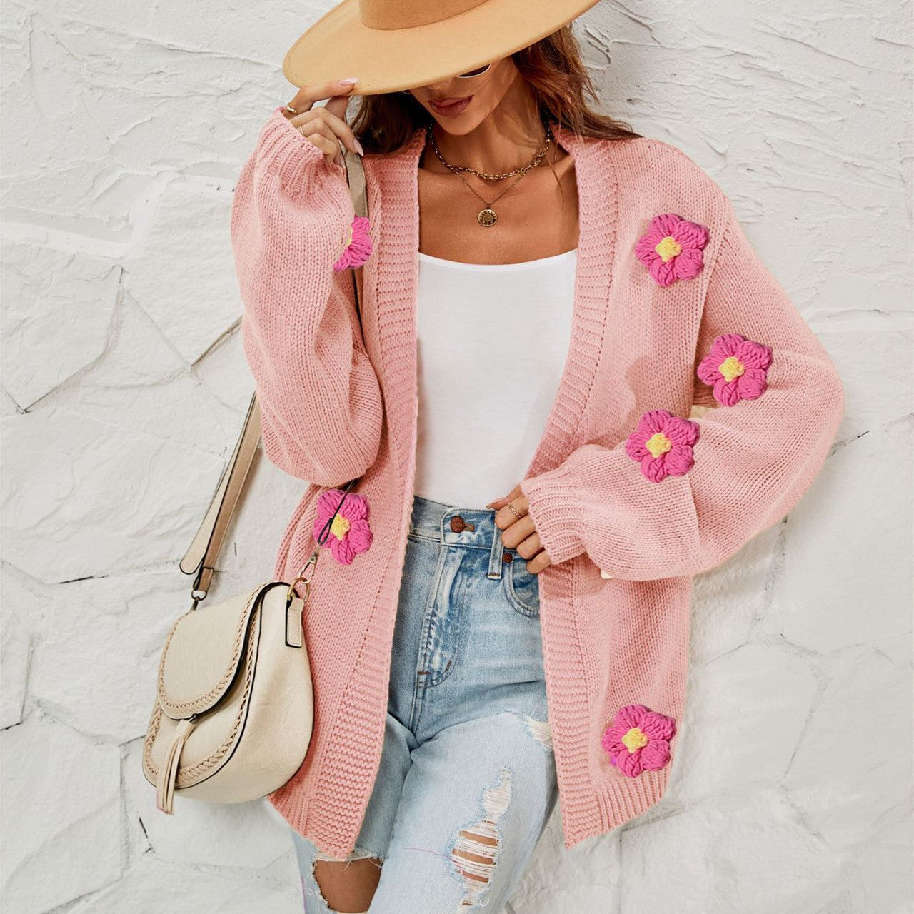 Casual Flower Cardigan Lantern Sleeve Sweater Coat