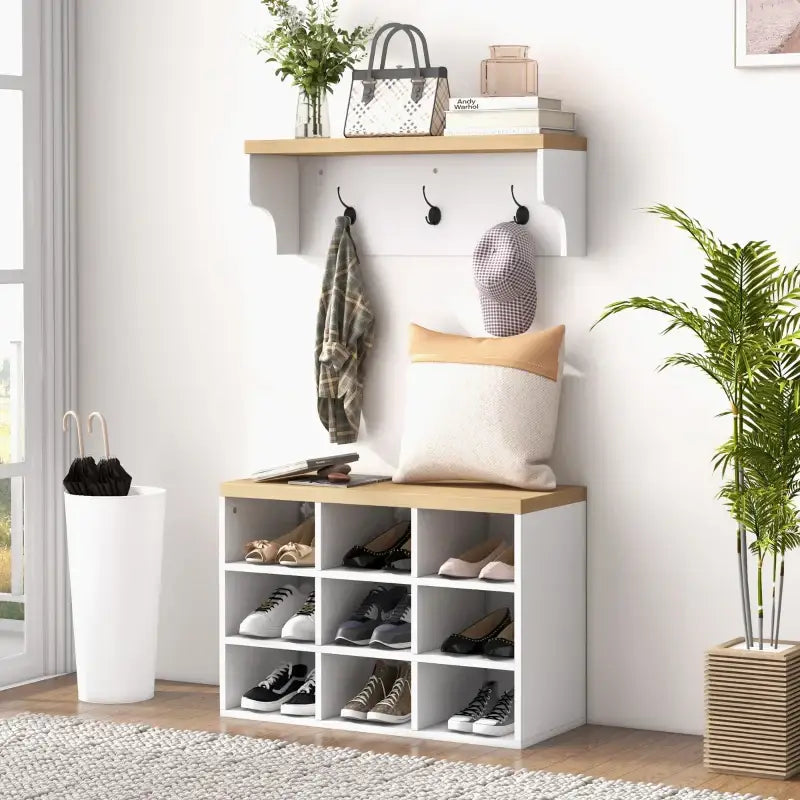 2-in-1 Hall Tree and 5-Hook Coat Rack Shoe Bench Set - sleek-selections