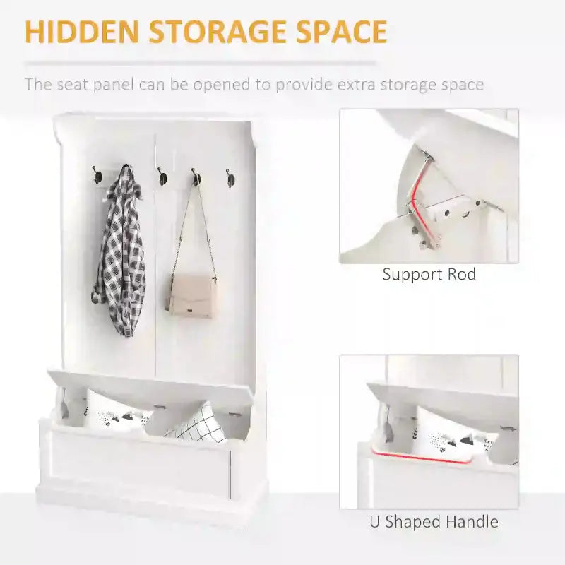 White hall tree with hidden storage.