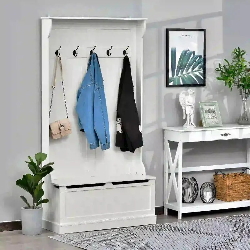 White hall tree with storage bench.