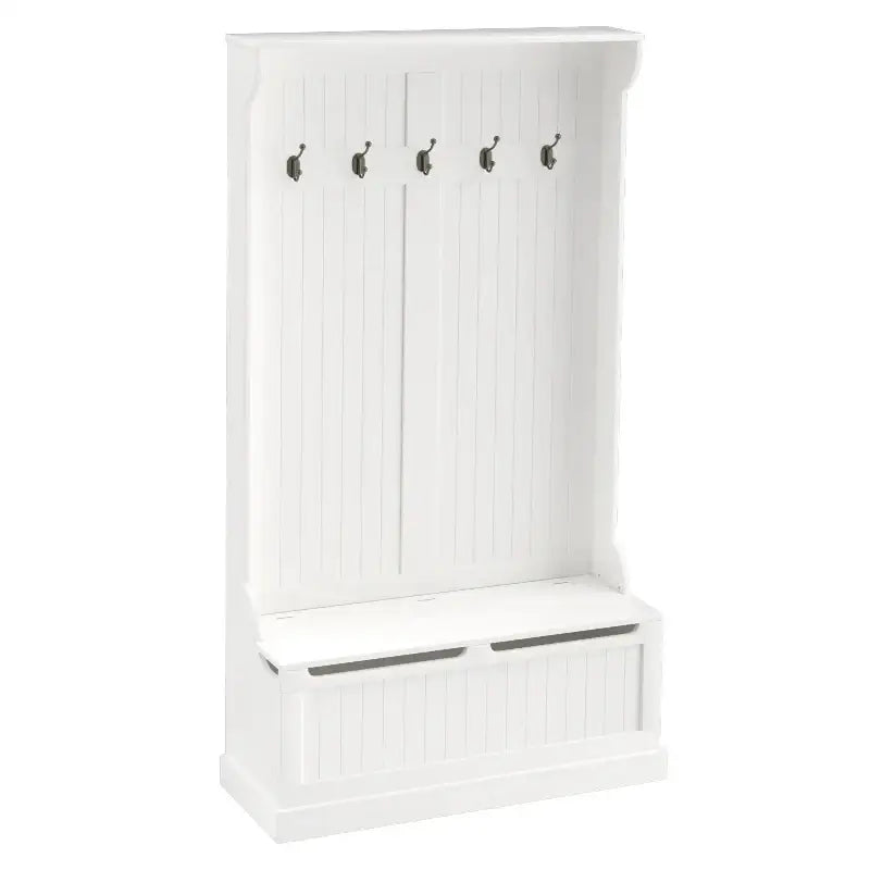 White wooden hall tree with storage bench and coat hooks.