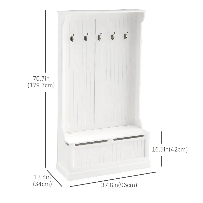 White wooden hall tree with storage bench.