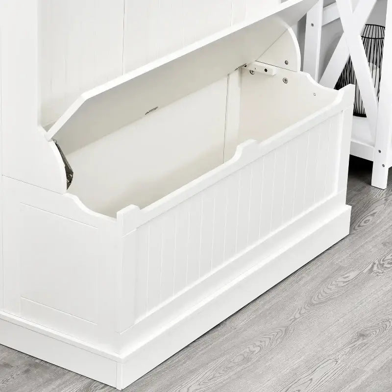 White wooden storage bench with open lid.