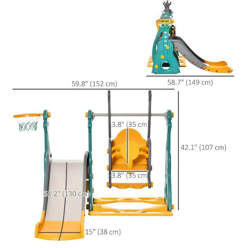 Colorful children’s playset with slide and swing.