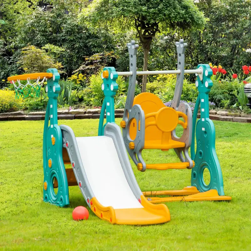 Colorful children’s slide and swing set.