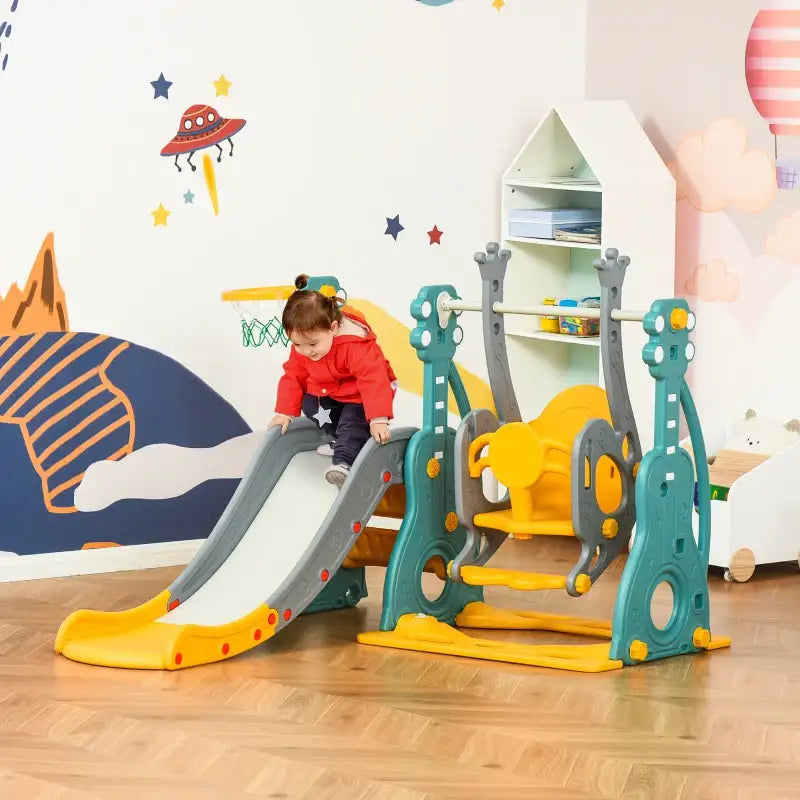 Colorful indoor playset with slide and swing.