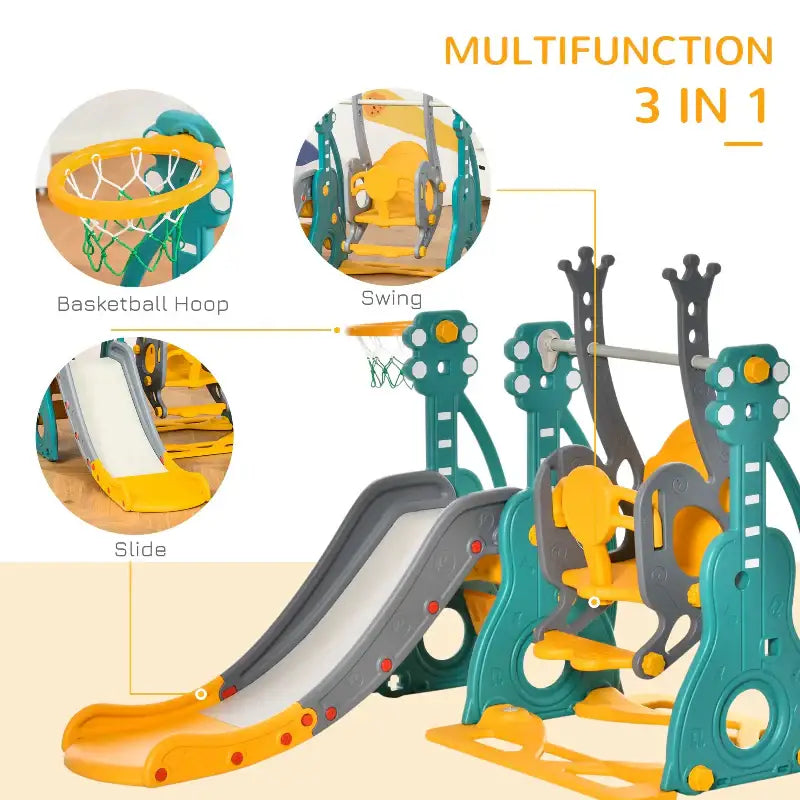 Multifunctional children’s playset with slide, swing, and basketball hoop.
