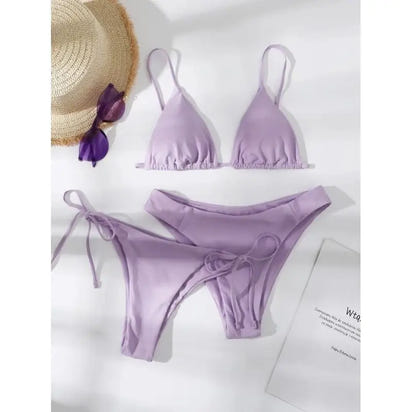 Lavender two-piece swimsuit.