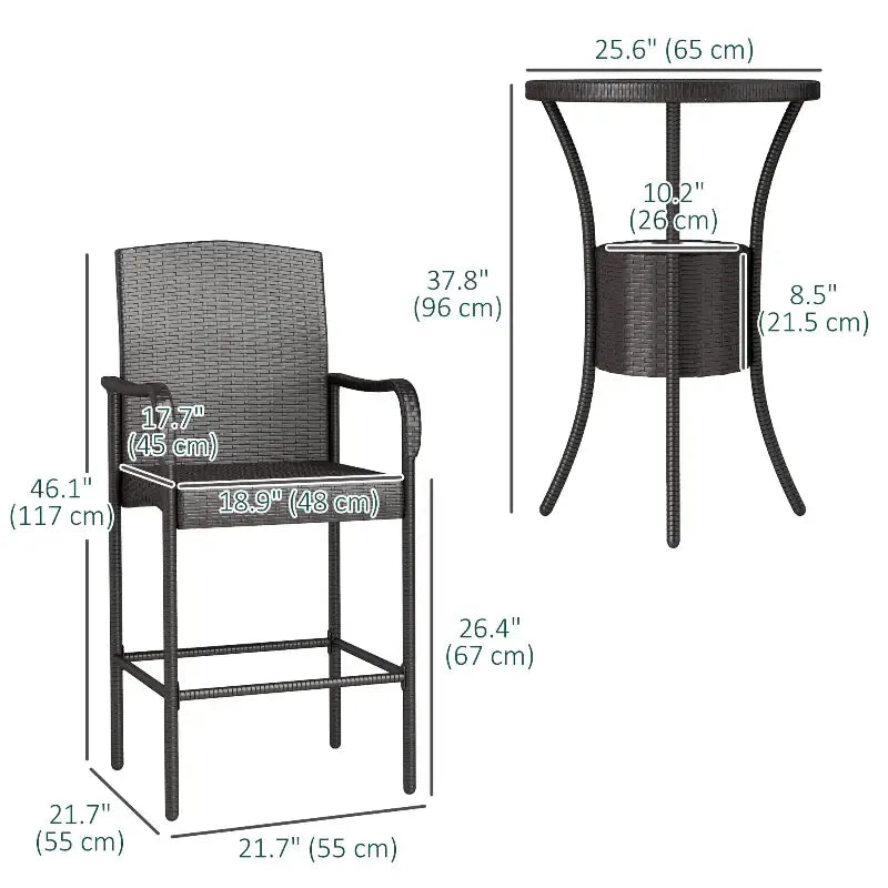 Wicker bar stool and table with dimensions.