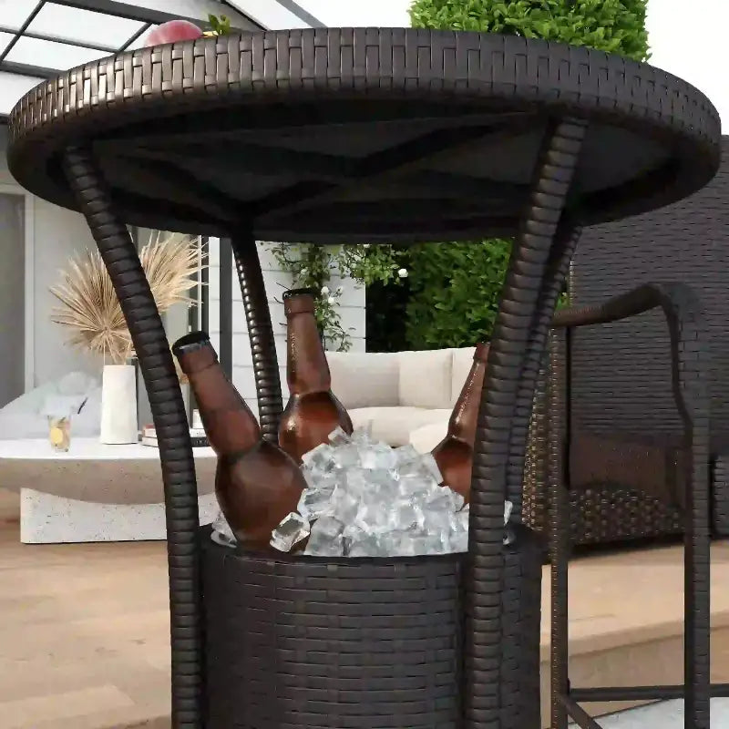 Wicker bar table with ice bucket.