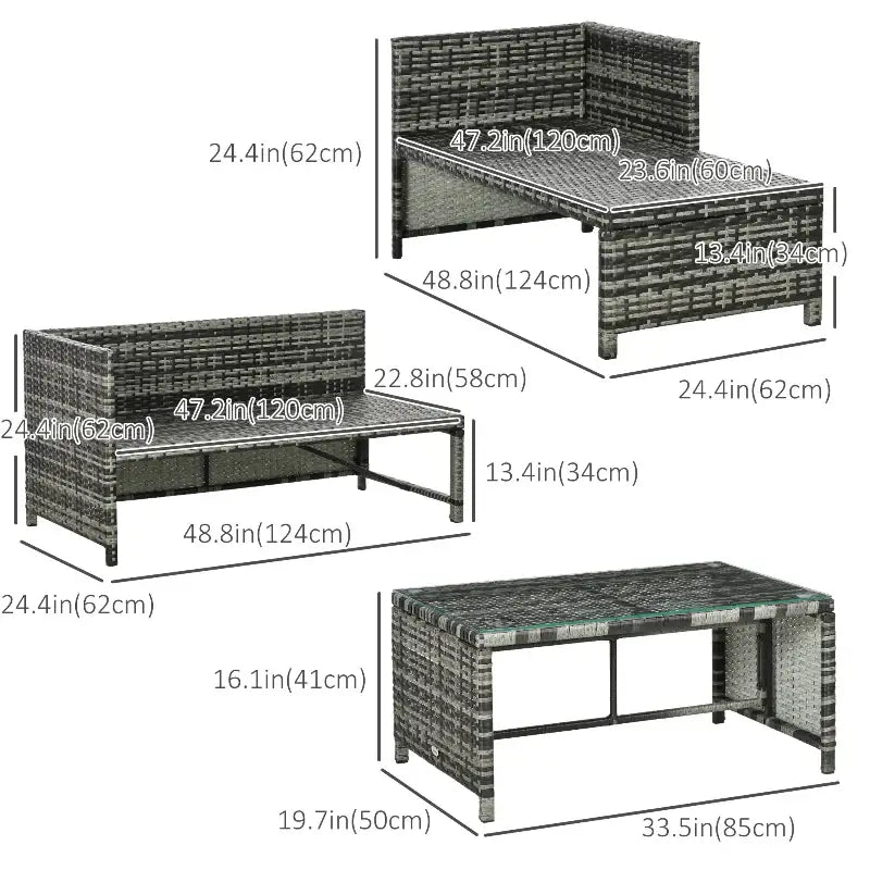 Wicker patio furniture set with dimensions.