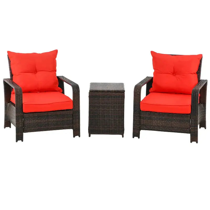 Wicker patio set with red cushions.