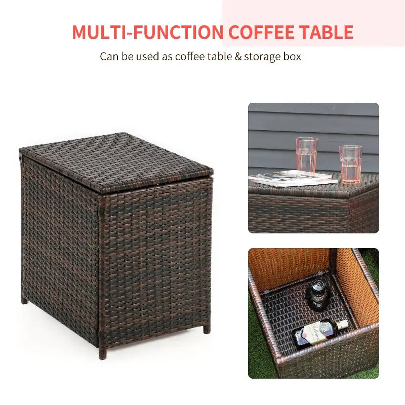 Brown wicker coffee table and storage box.