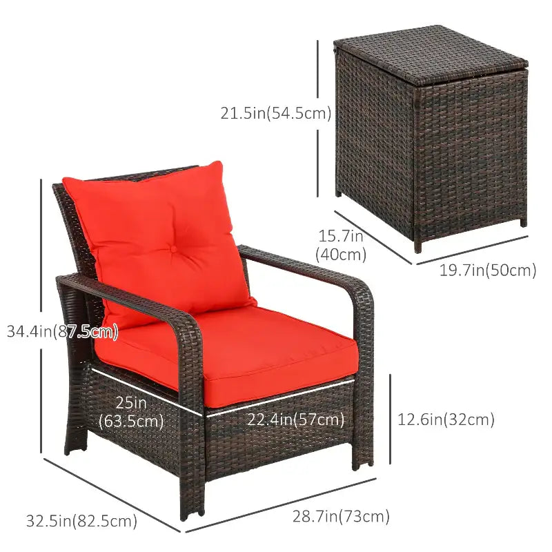 Wicker patio chair and side table with dimensions.