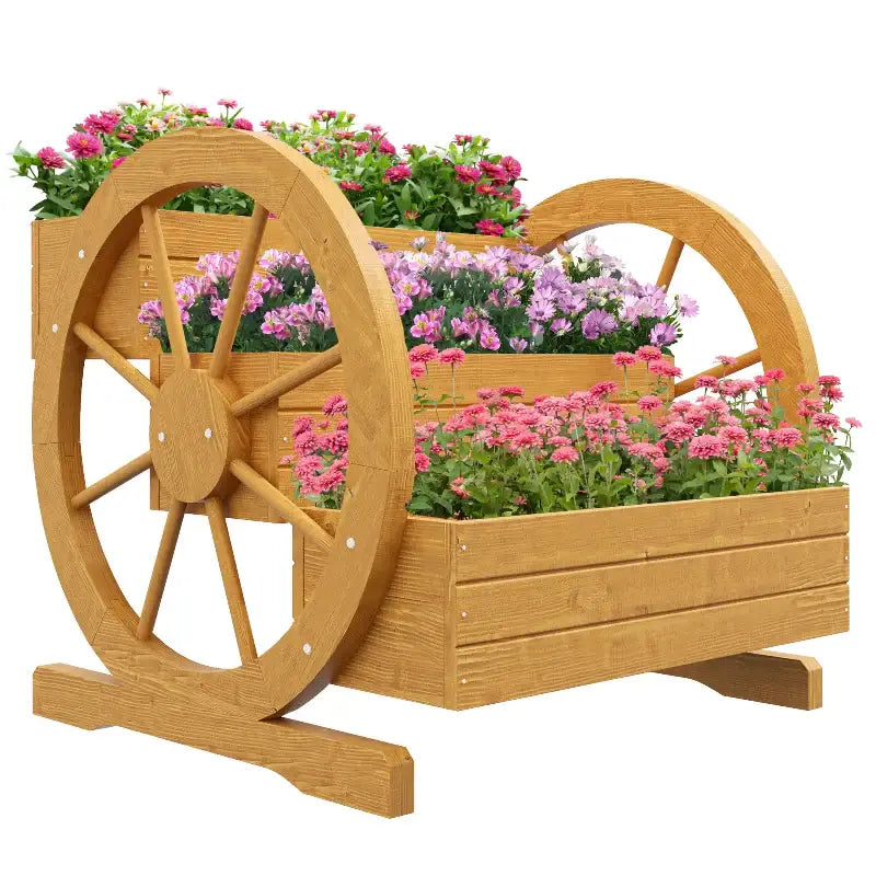 Wooden wagon planter with flowers.