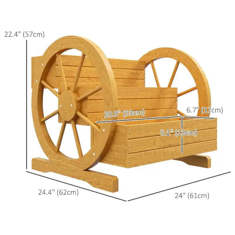 Wooden wagon planter with dimensions.