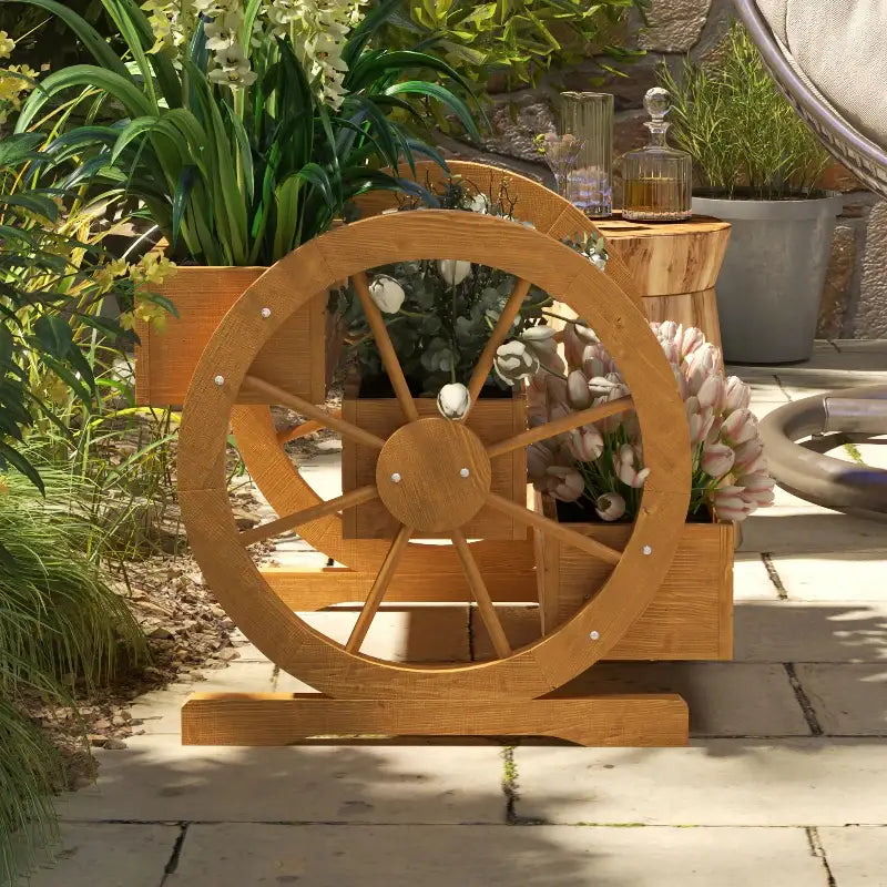 Wooden decorative wheel planter.