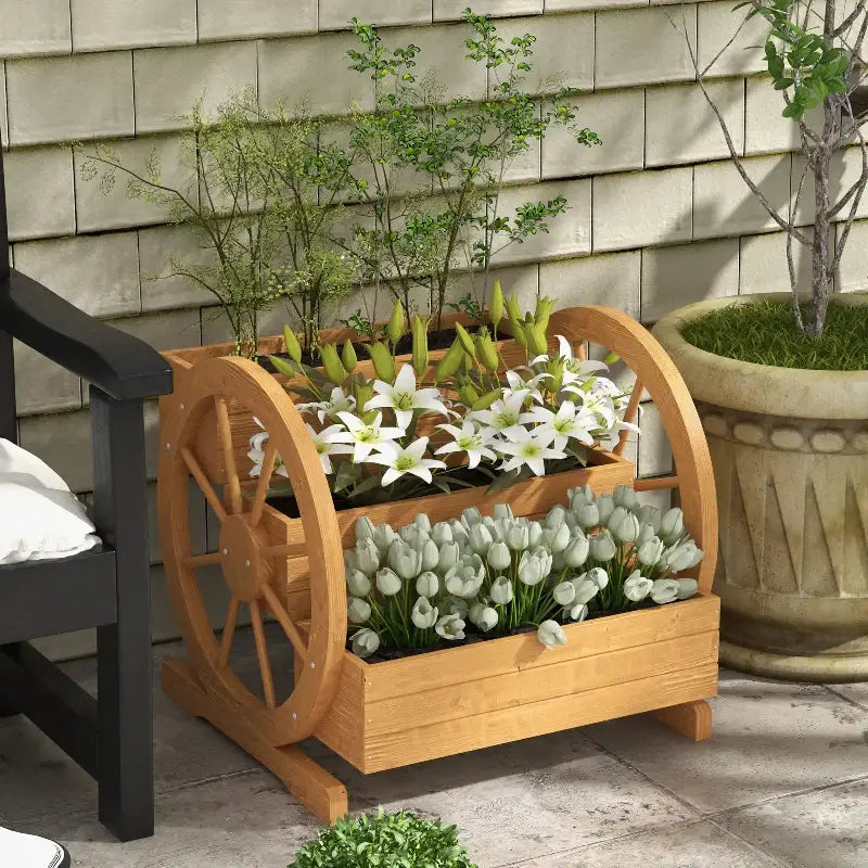 Wooden wagon wheel planter.