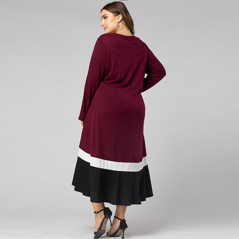 wine red Plus Size Round Neck Large Swing Dress