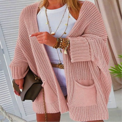 New Solid Color Loose Knitted Mid-length Open Cardigan