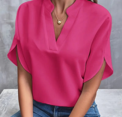 hot pink Summer New V-neck Casual Short-sleeved Shir